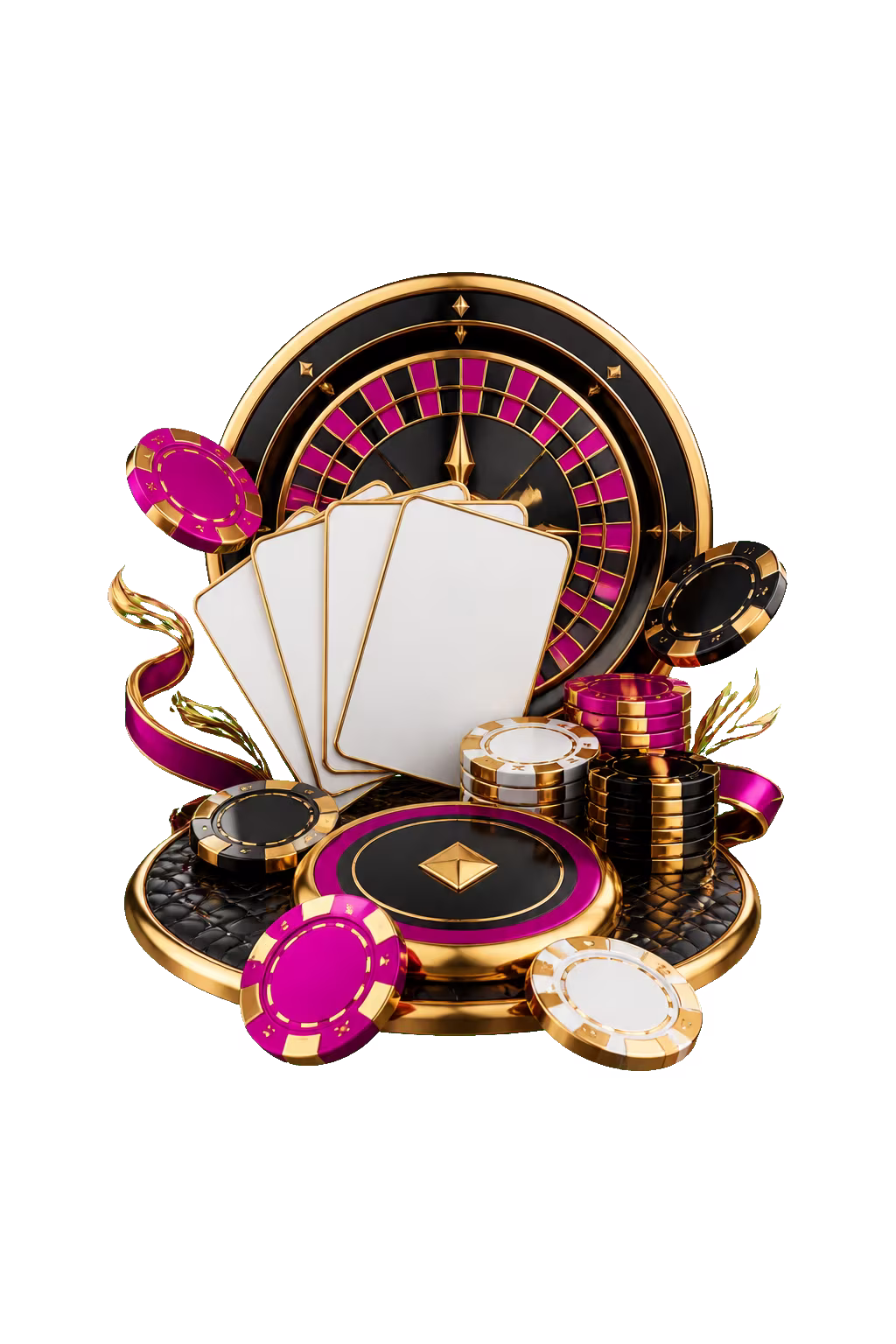 Roulette, cartes et dés DelOro Casino en style magenta et or